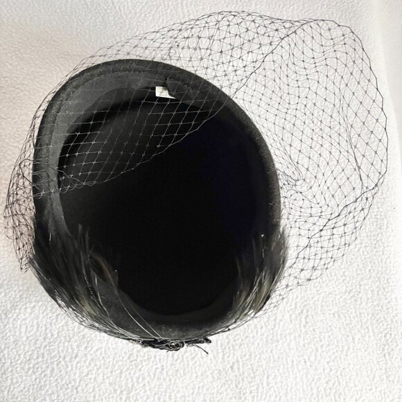 Black Wool Felt Hat iwth Big Feathers, Sequins, Netting - Picture 9 of 10